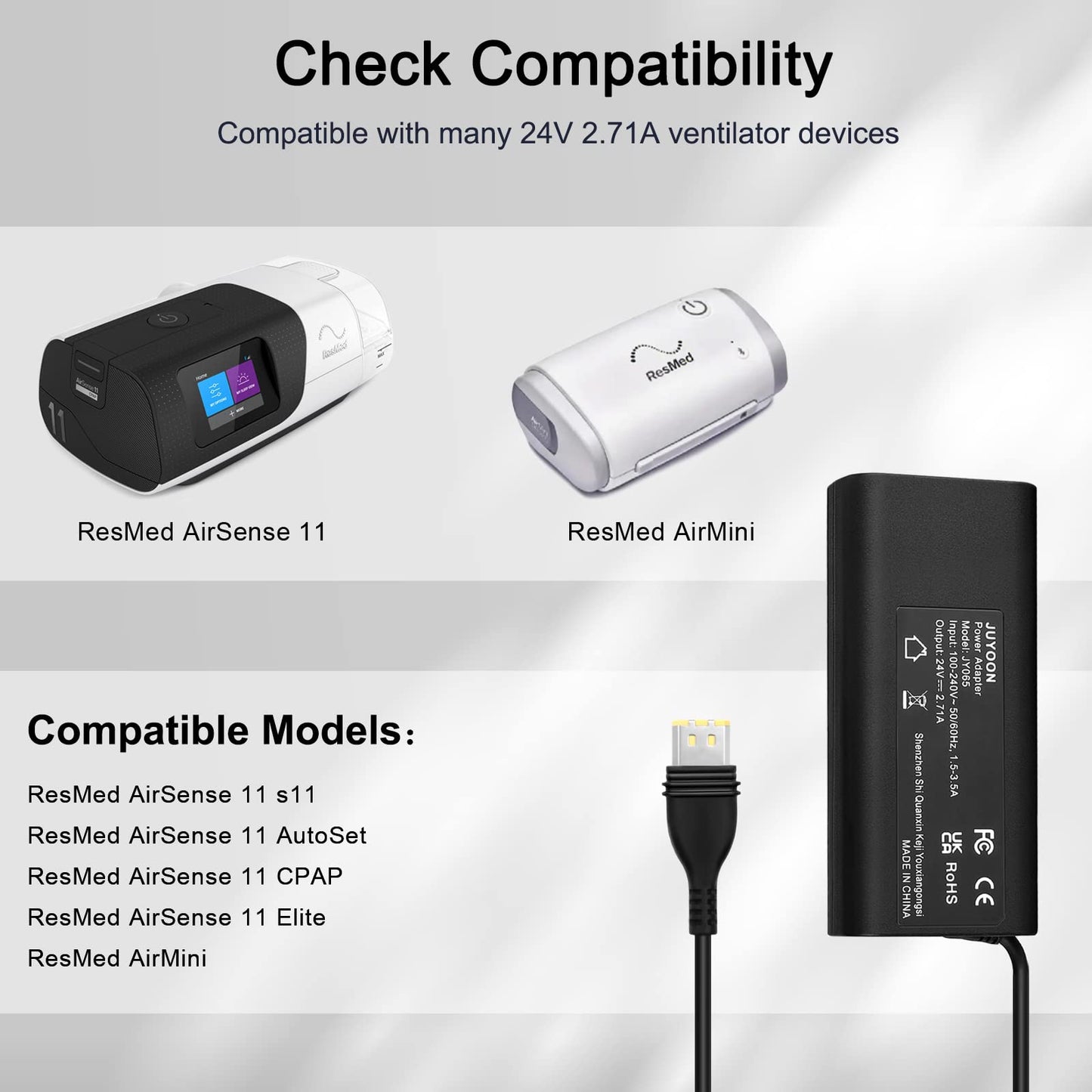 JUYOON 65W 24V Power Supply Compatible with Resmed AirSense 11 S11 AutoSet Elite CPAP Machine Air 11 PSU 65W Airsense 11 Supplies Charger Cable