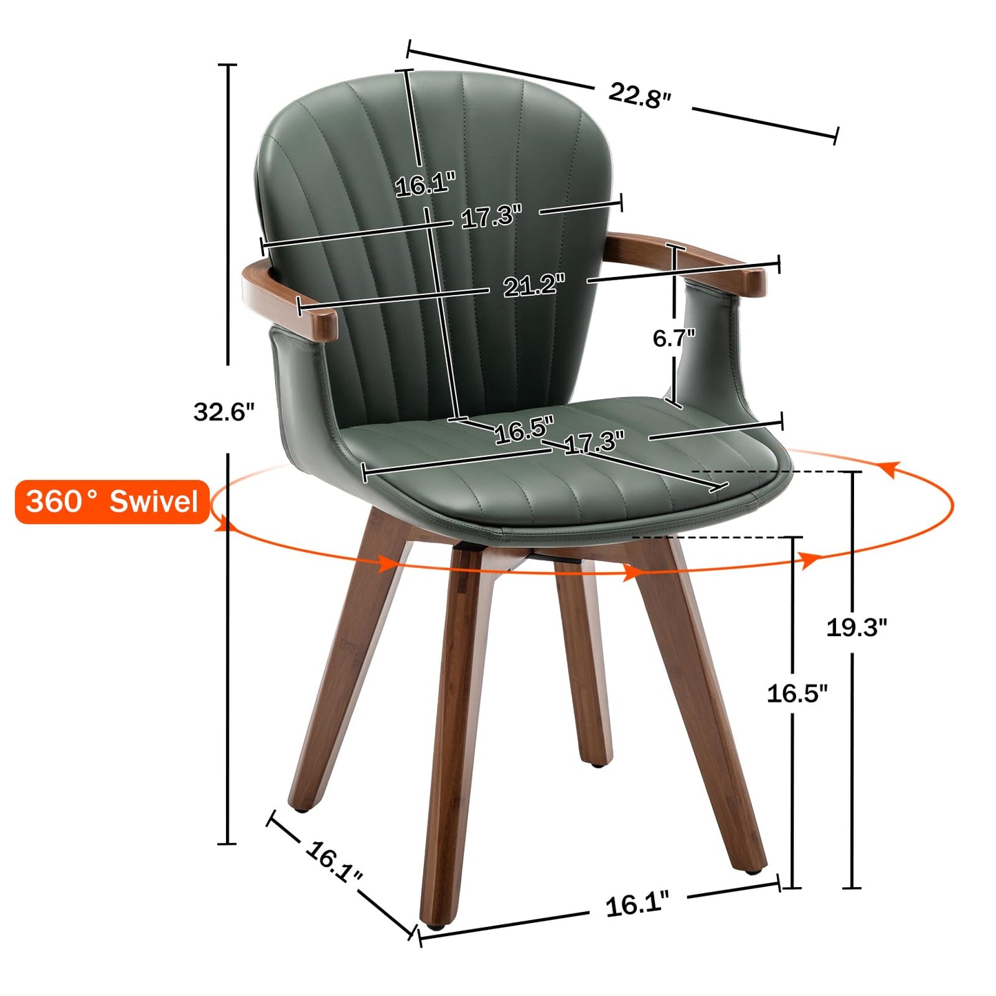 LUNLING Swivel Dining Room Chairs Set of 2, Mid Century Modern Green Faux Leather Kitchen Chairs with Arms,Bamboo Legs Side Chairs No Wheels,Accent Chair for Dining Rooms and Offices