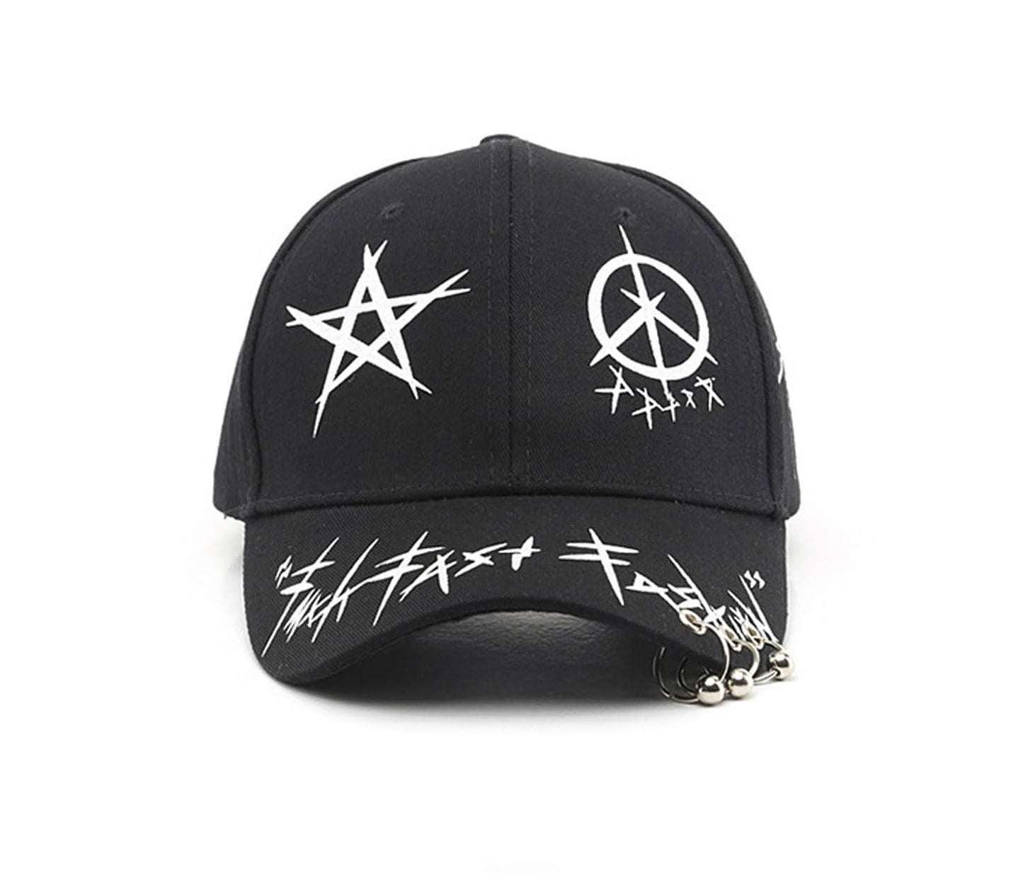 Unisex Black Graffiti Snapback Hat/Baseball Cap - Features Iron Rings on Brim, Inspired by Korean Music Groups, Hip Hop, Anime & Gothic Styles for Men and Women