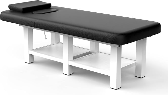 Stationary Massage Table with Backrest and Storage Space, 6 Square Legs Metal Frame PU Leather, 31.5'' Wide × 75'' Long for Treatment Table Physical Therapy Table Spa Facial Bed, Black