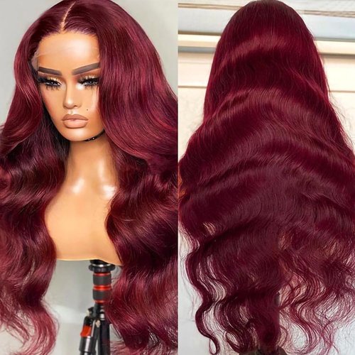 28inch Burgundy Lace Front Wigs Human Hair 99j 13X4 Body Wave Lace Front Wigs 180% Density 100% Brazilian Human Virgin Hair Glueless HD Red Wigs Pre Plucked with Bleached Knots Natural Hairline