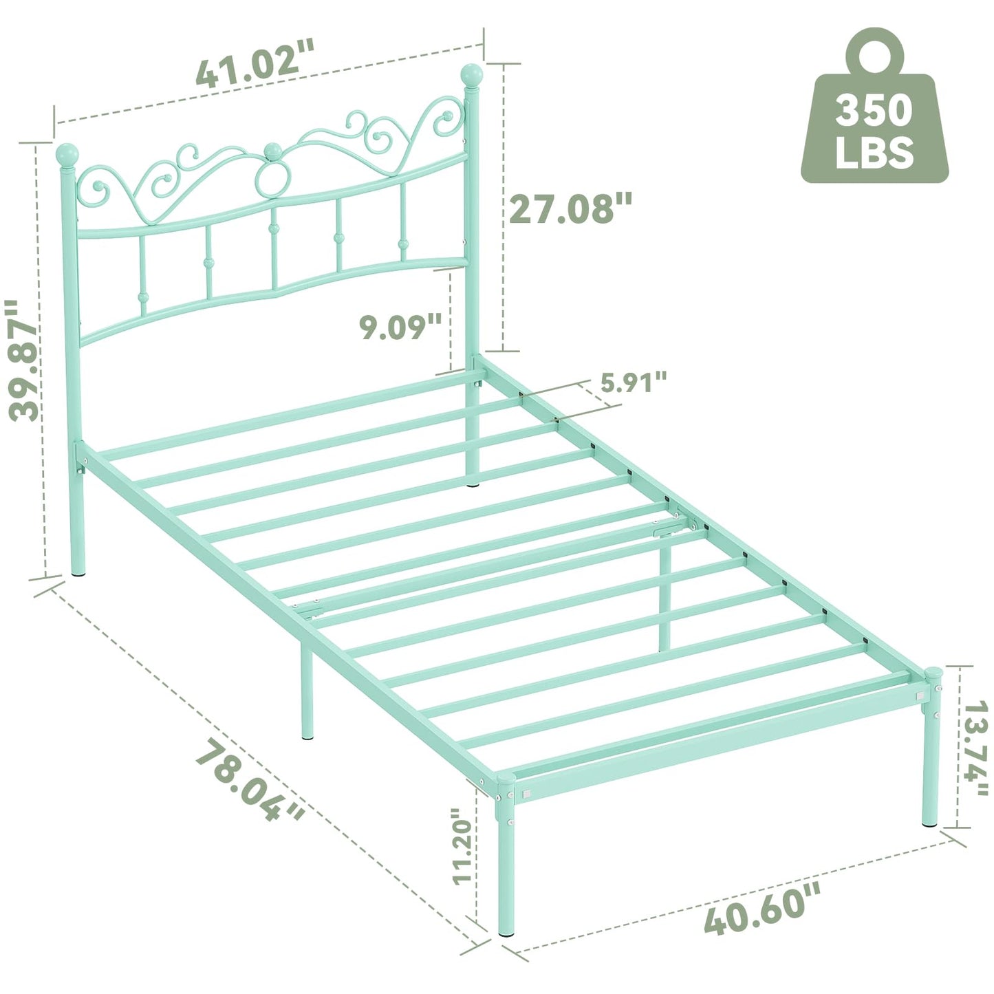 Merronix Twin Bed Frames with Headboard, Elegant Metal Bed Frame for Kids Girls, Modern Twin Size Platform Bed - No Box Spring Needed, 11.2 Inches Height Underbed Storage - Mint Green