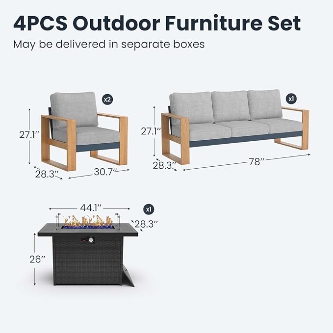 4 Pieces Aluminum Patio Furniture Set, Outdoor Conversation Sets with High Backrest Sofa and Fire Pit Table for Garden and Backyard