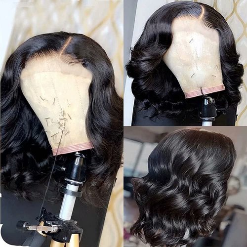 QUINLUX WIGS Body Wave Short Bob Human Hair Wig 13x6 HD Transparent Lace Front Human Hair Wig Brazilian Hair Natural Color 150% Density Short Wigs Ocean Wave Pre Plucked With Baby Hair For Women 8Inch
