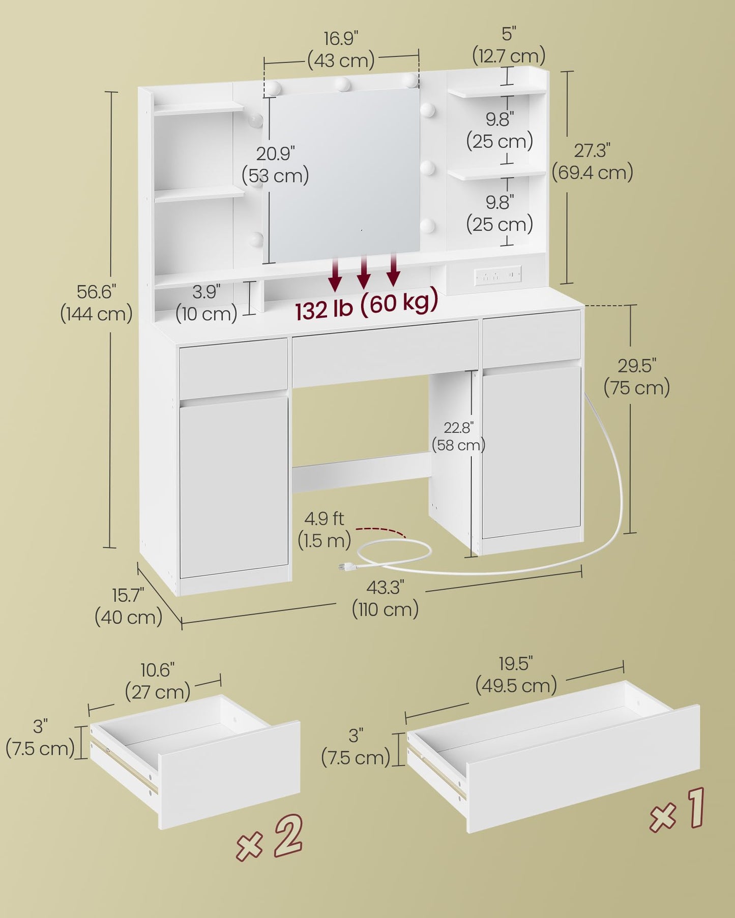 VASAGLE Kailyn Collection - Vanity Desk with Mirror and 9 LED Bulbs, Vanity Makeup Table with Power Outlets, Dressing Table with 2 Cabinets, for Bedroom, Cloud White URDT142WB01S