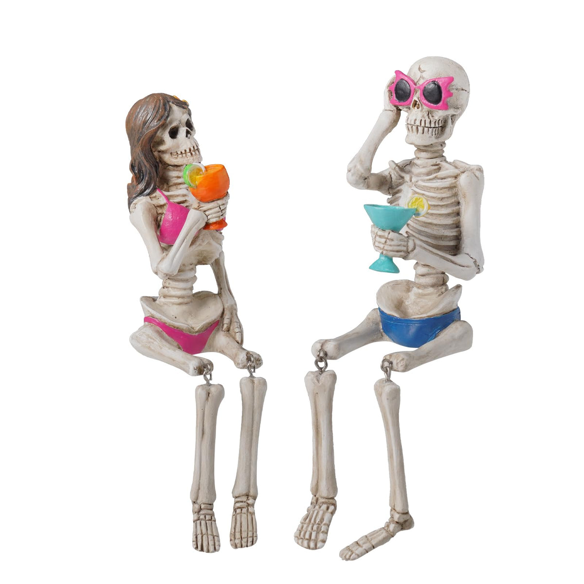 Summer Decorations Halloween Skeleton Statue - Collectible Figurines Summerween Couple with Dangling Leg Bikini Sunglass 7.5H in Perfect for Coastal Tropical Ocean Beach Pool Decor Newman House Studio
