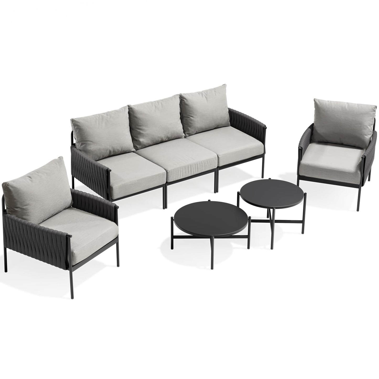Pamapic 7-Piece Woven Rope Outdoor Furniture Set, Iron Frame Patio Conversation Set with Thick Cushions & 2 Coffee Tables, All-Weather Sectional Patio Furniture Set for Backyard, Porch, Grey
