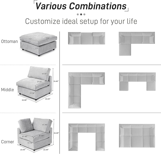 WJShome Cloud Couch Modular Sectional Sofa, 134" U Shaped Couch for Livingroom, Oversized Convertible Wide Seater with 2 Ottomans Living Room Set, Covers Washable&Replaceable,Gray