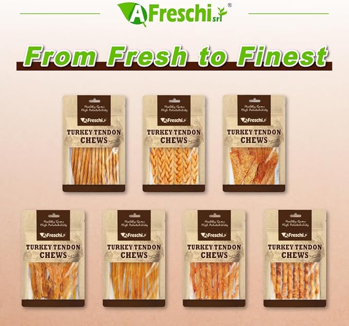 AFreschi Turkey Tendons for Dogs, USA-Sourced, Healthy Dog Treats, Rawhide-Free Puppy Chews, All Natural, Hypoallergenic Dog Treats, Classic Series, Turkey Tendon Wrapped Brown Rice Stick, 3.5 oz Pack