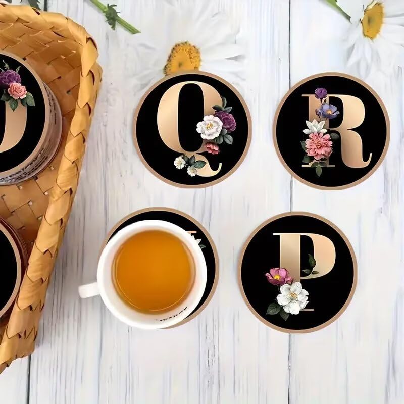 Round Coasters, Letter Series Floral Printed Coaster, Car Coaster, Heat Insulation Table Mat, Room Decor, Kitchen Supplie...