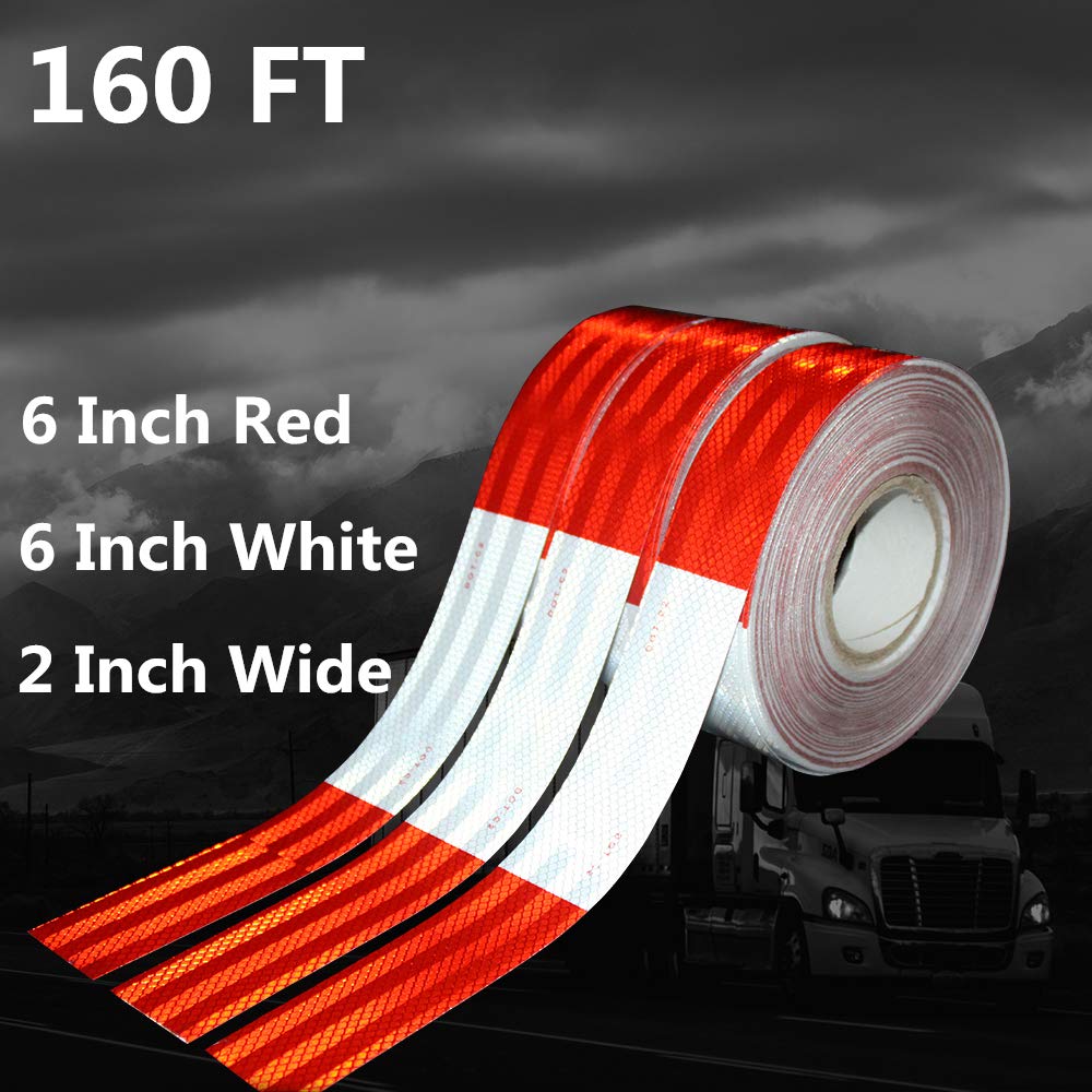 WAENLIR 2 inch x 160Feet Dot Reflective Tape Outdoor Waterproof High Visibility Safety Tape, Red and White Adhesive Conspicuity Tape for Trailer, Cars, Trucks, Cinta reflectiva para camiones
