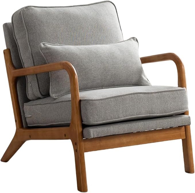Mid-Century Accent Chair Set of 2, Linen Fabric Lounge Chair with Wide Armrest,13-16.5'' Low Seat Height Armchair with Lumbar Pillow & Solid Wood Frame for Living Room, Bedroom, Balcony(Light Gray)