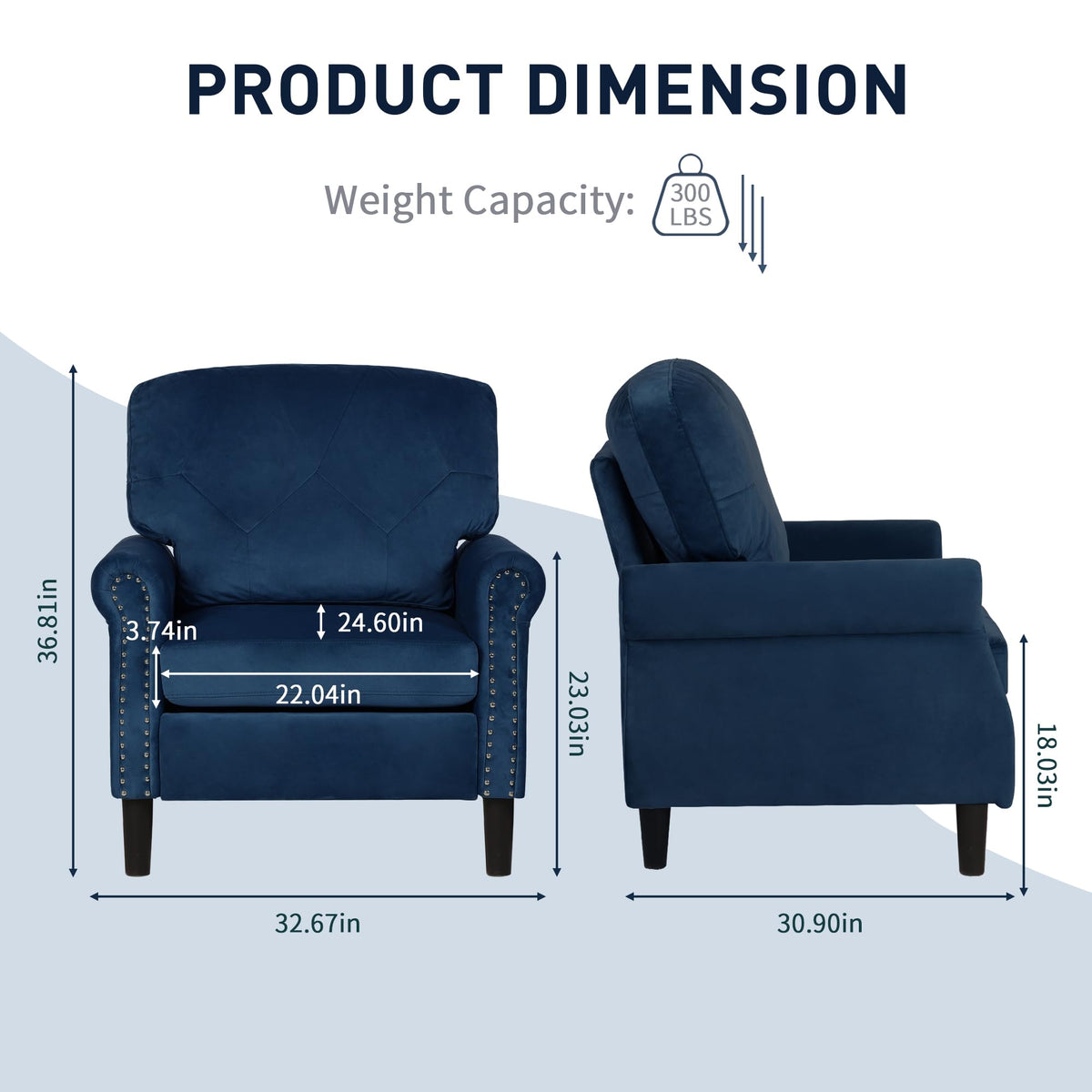 HXZDZ Accent Chairs for Living Room, Set of 2 Mid-Century Modern Upholstered Armchairs, Comfy Velvet Chair w/Wood Legs & Nailhead Trim, Wingback Chair for Bedroom, Blue