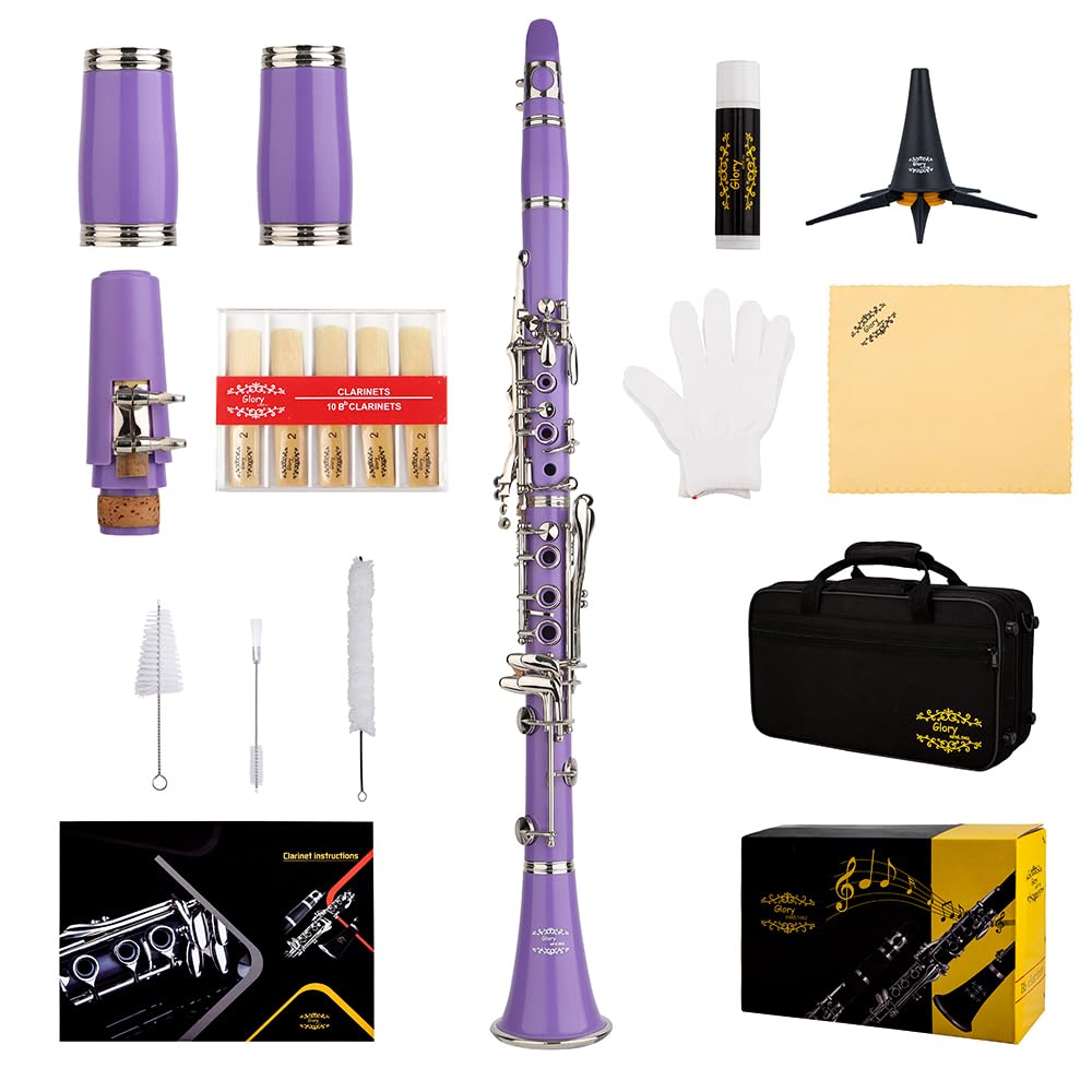 Glory GLY-CLAPUR Professional Ebonite Bb Clarinet with 10 Reeds, Stand, Hard Case, Cleaning Cloth, Mouthpiece Brush and Pad Brus