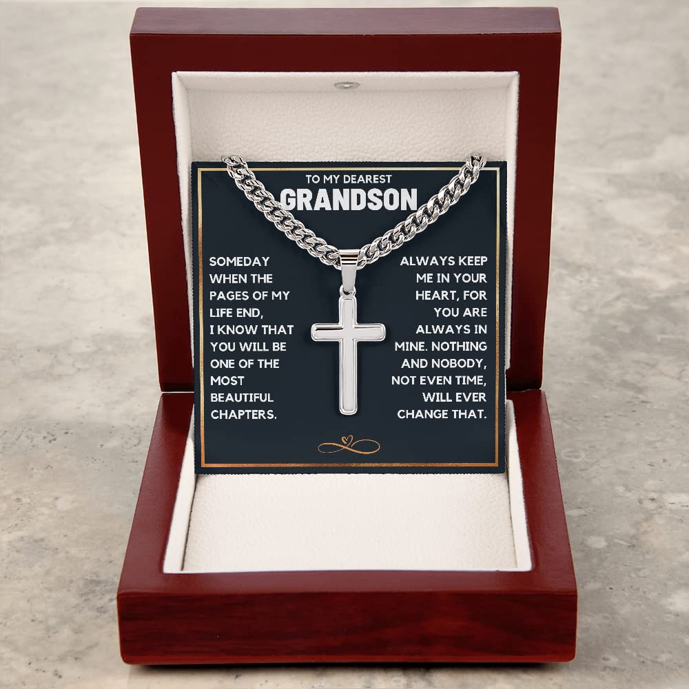 FG Family Gift Mall Grandson Birthday Gifts From Grandma Present For Grandson From Grandmother To My Grandson Necklace From Grandparents Cross Chain with Message Card and Gift Box, Stainless Steel,
