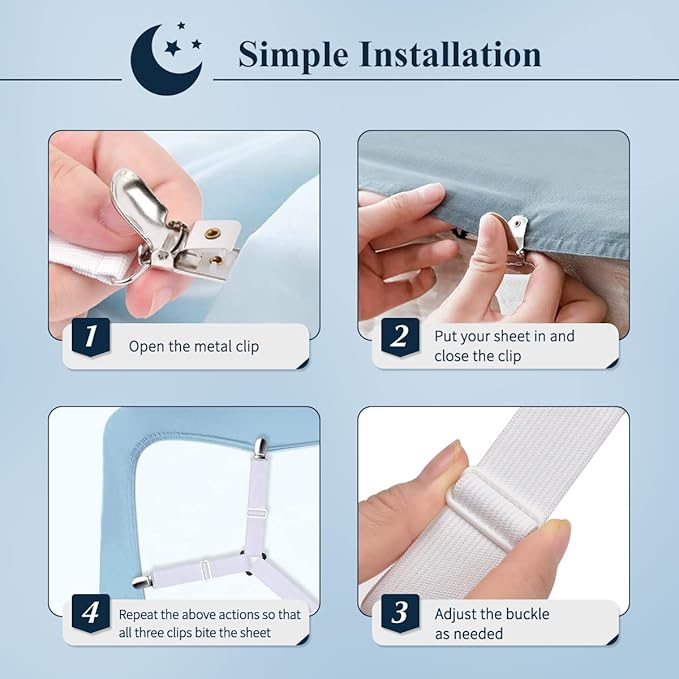 Sopito Sheet Straps, Adjustable Bed Sheet Suspenders Max Stretch from 29.5 in to 82.7 in Compatible for Crib to King Size Bed, Non Slip Holder Fasteners Clips, 2pcs/White