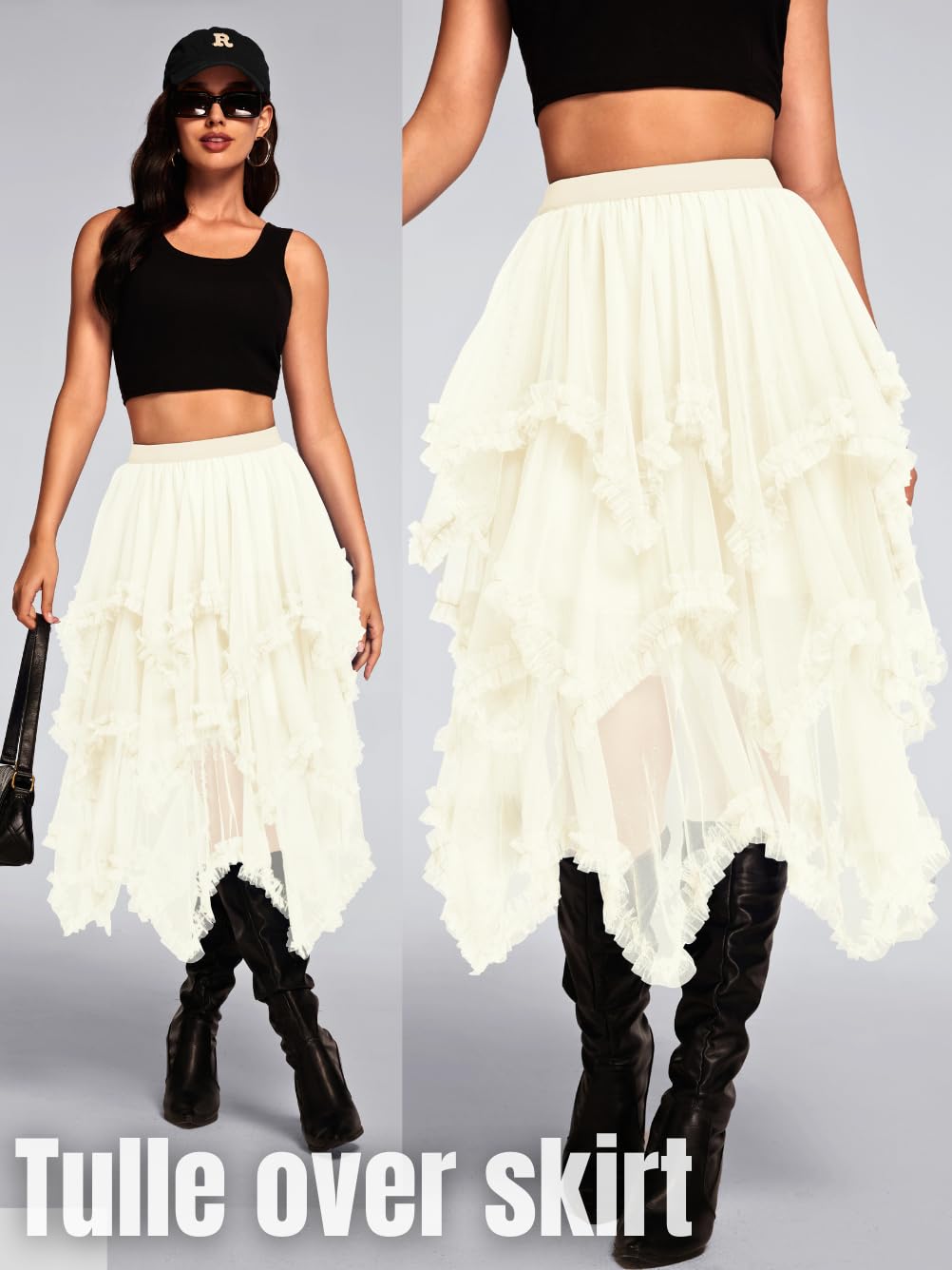 Kaei&Shi Long Tulle Skirt,High Waisted Asymmetrical Ruffle Skirts for Women,Renaissance Fairy Costume Concert Birthday Party Beige One Size