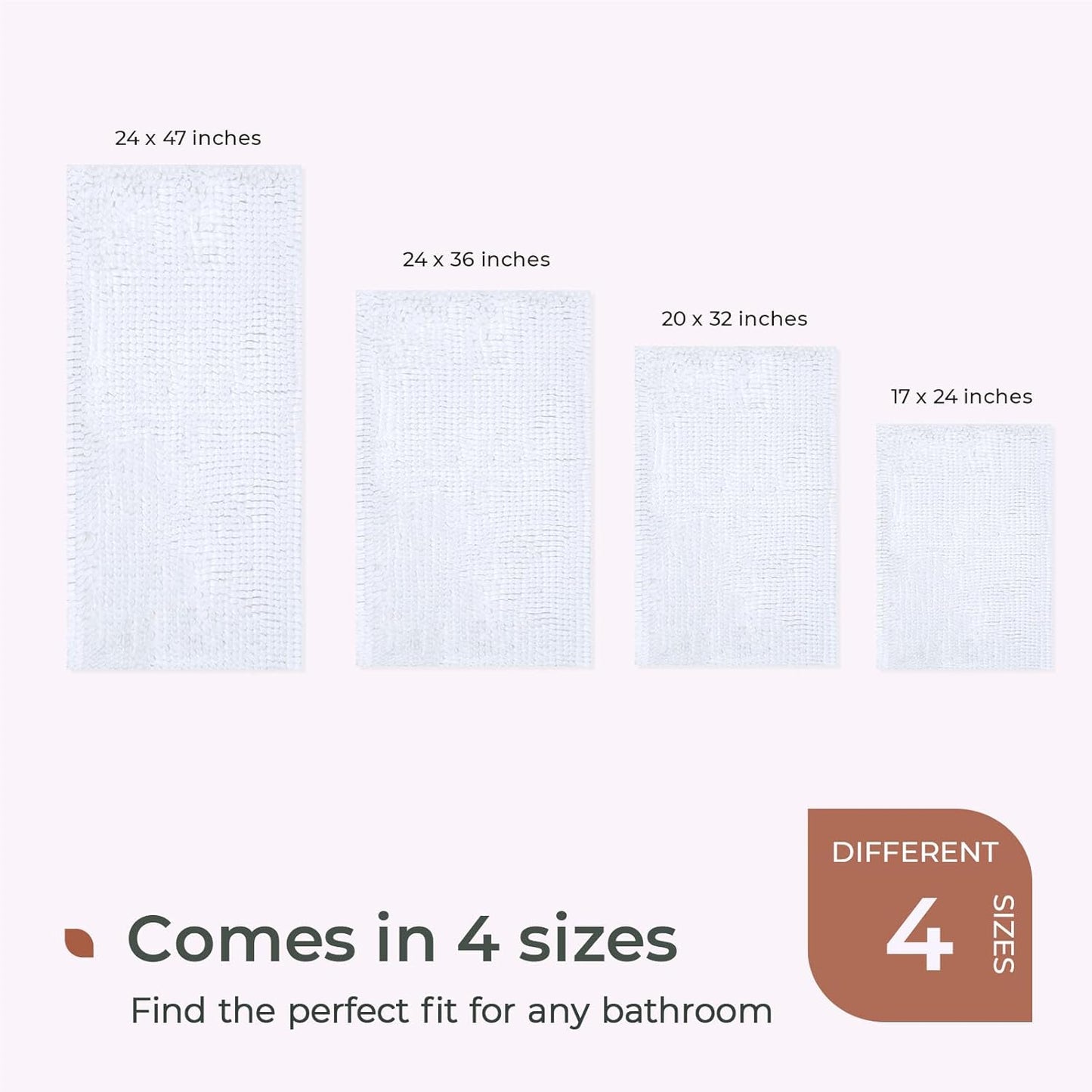 FRESHMINT Large Chenille Bathroom Rugs Mat 36”x24”, Non-Slip Bath Matf or Bathroom Floor & Bathtub, Washable Shower Shag Bath Rugs, Soft Fluffy Thick Water Absorbent Microfiber Shower Mat, White