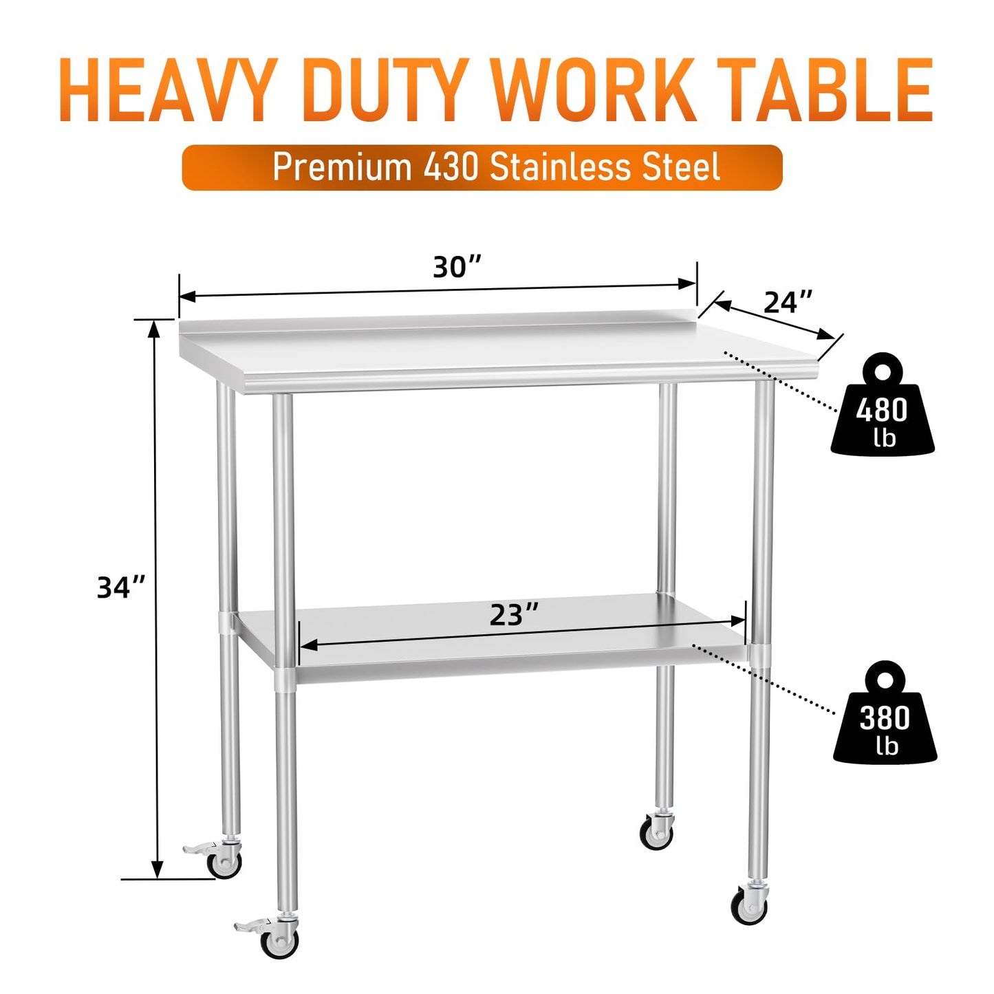 HOCCOT Stainless Steel Prep Table 24" X 30" with Adjustable Undershelf, Backsplash and Wheels, Commercial Metal Workstations for Kitchen, Garage, Outdoor BBQ