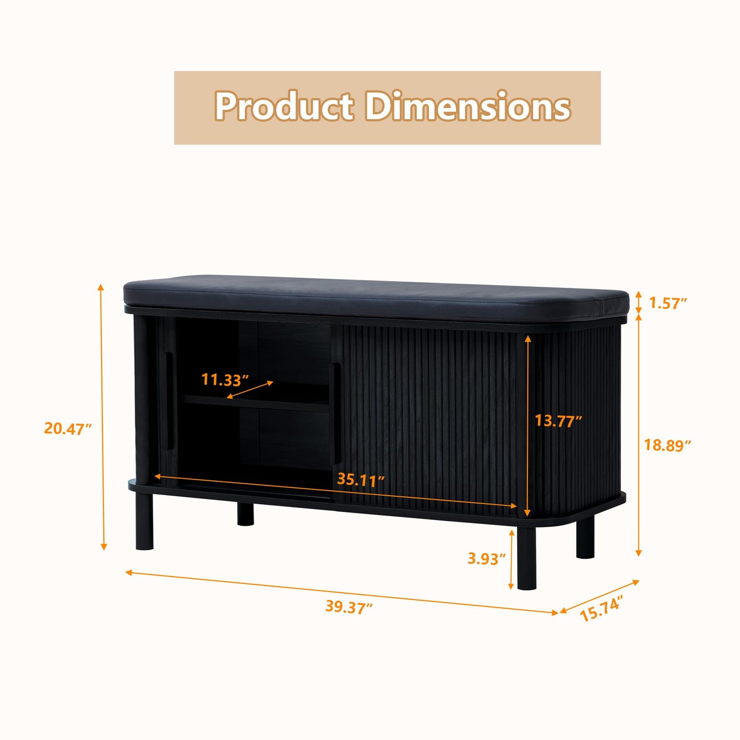 QEIUZON Shoe Bench, Entryway Shoe Cabinet with Leather Cushion and Sliding Door, Modern Shoe Storage Organizer for Living Room, Hallway (Black)