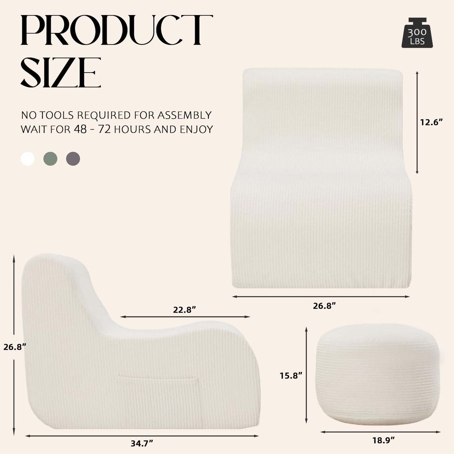 Bean Bag Chair, Ergonomic Bean Bag Sofa with Soft Fabric, Bean Bag Chairs for Adults & Kids, Ideal Lounge Chair for Living Room, Gaming, Reading, White