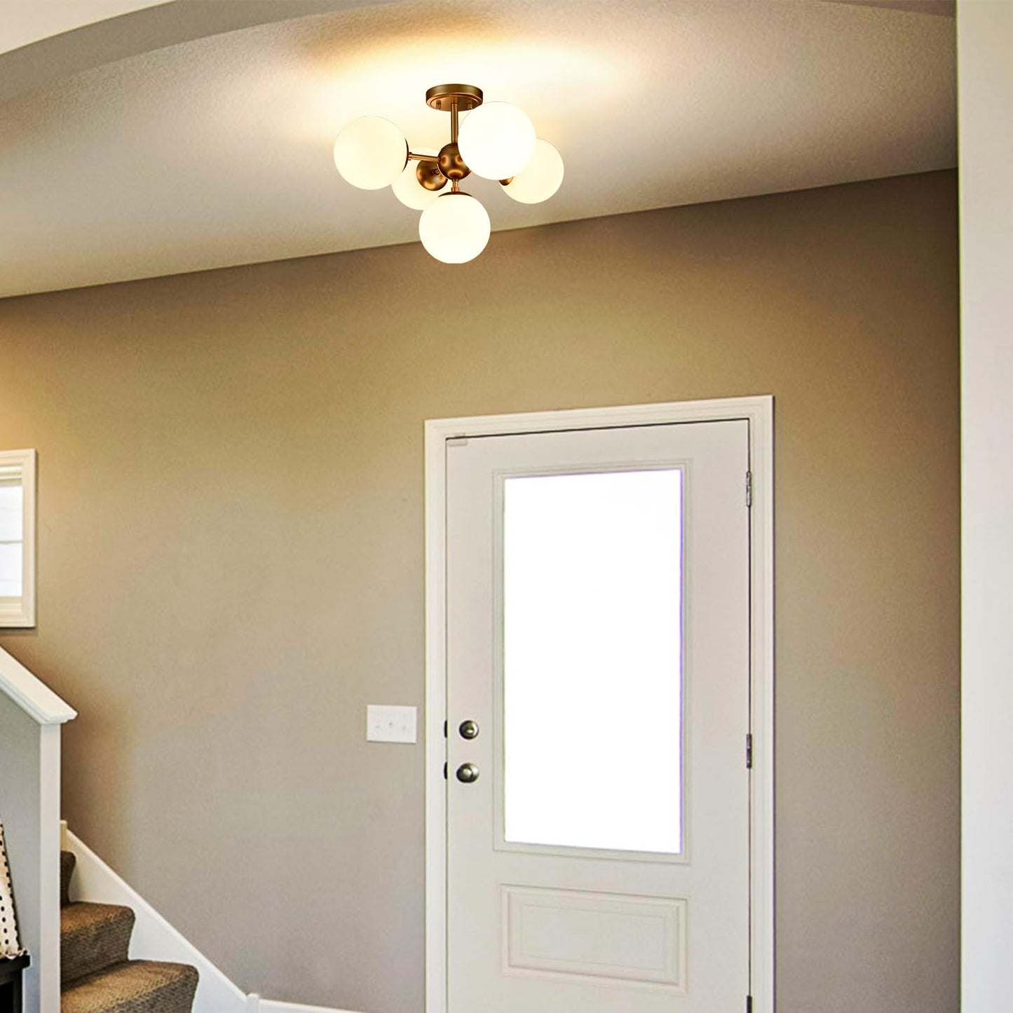 DIRYZON Mid Century Modern 5-Light Semi Flush Mount Ceiling Light,Brass Sputnik Ceiling Light with Opal Globe Glass for Living Room Bedroom Hallway