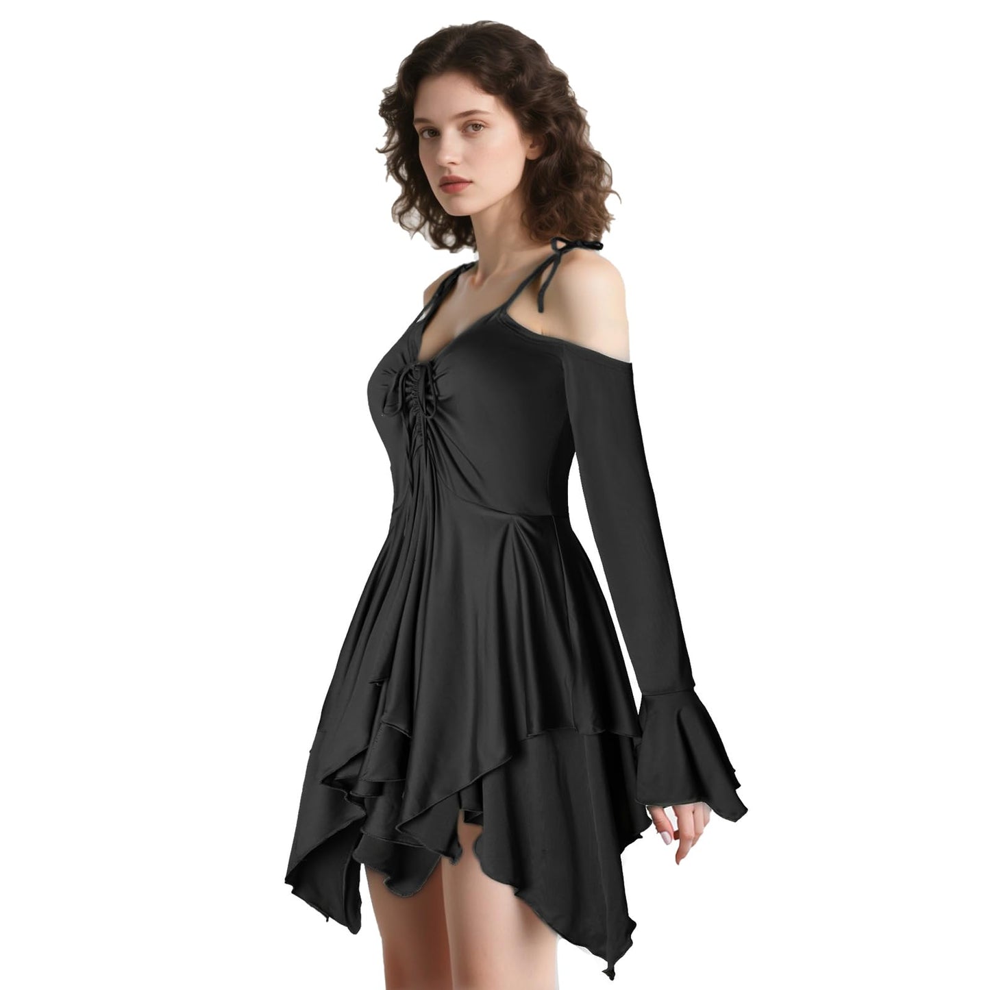 Usthirit Renaissance Fairy Dress Women's Gothic Off Shoulder Irregular Handkerchief Dress (Z3831BK,S)