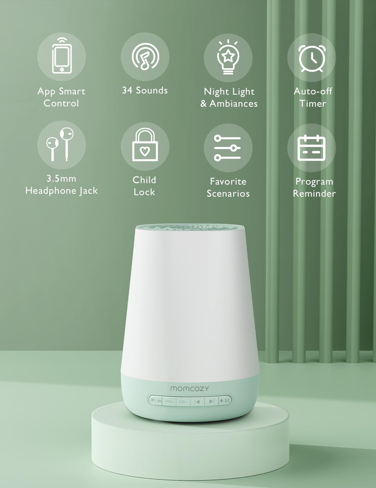 Baby Sound Machine, Momcozy White Noise Machine for Baby Sleeping with Night Light, Toddler Sleep Trainer with 34 Soothing Sounds, Timer, App Remote Control, Personal Sleep Routine(Green)