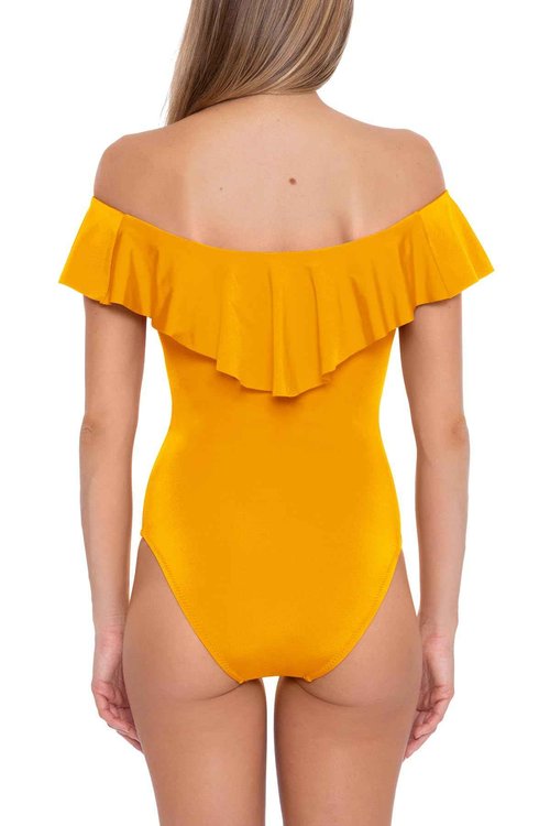 Trina Turk Monaco - Women's Ruffle Bandeau One Piece Swimsuit, Off Shoulder, Bathing Suits for Women, Mellow Yellow, 14