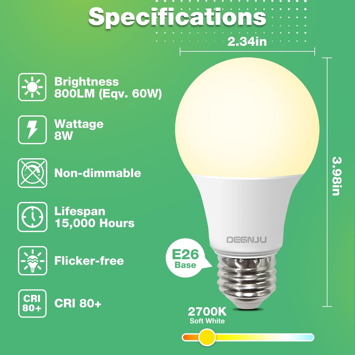 DEGNJU A19 LED Light Bulbs, 60 Watt Equivalent LED Bulbs, Soft White 2700K, 800 Lumens, E26 Standard Base, Non-Dimmable, 8W Warm White LED Bulbs for Bedroom Living Room, 12 Pack
