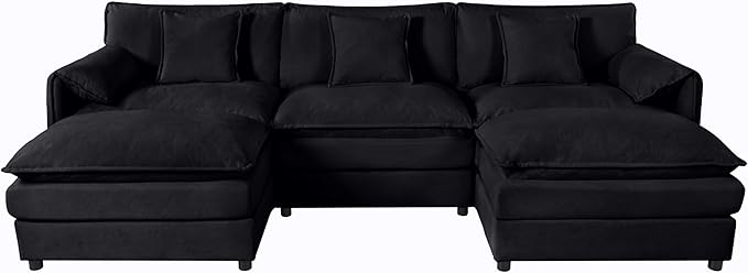 RENDGO 109" Modular Sectional Sofa with 2 Ottoman, Chenille Cloud Couch for Living Room & Apartment, Deep Seat Comfort, Flexible U-Shape Combination Sofa for Home & Office,Black