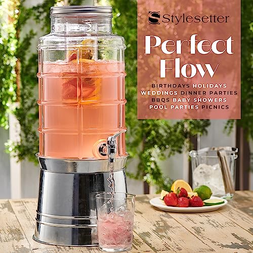 Style Setter Patchwork Beverage Dispenser Cold Drink Dispenser w/ 2.4-Gallon Capacity Glass Jug, Ice Insert, Fruit Infuse...