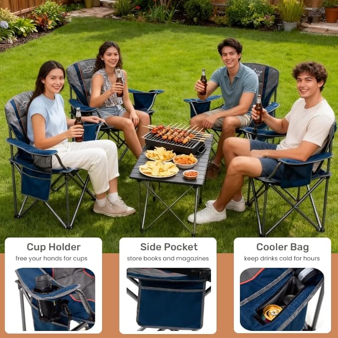 FAIR WIND 2 Pack Oversized Fully Padded Camping Chair with Lumbar Support, Heavy Duty Cooler Bag Fold Chair Support 450 LBS, Blue