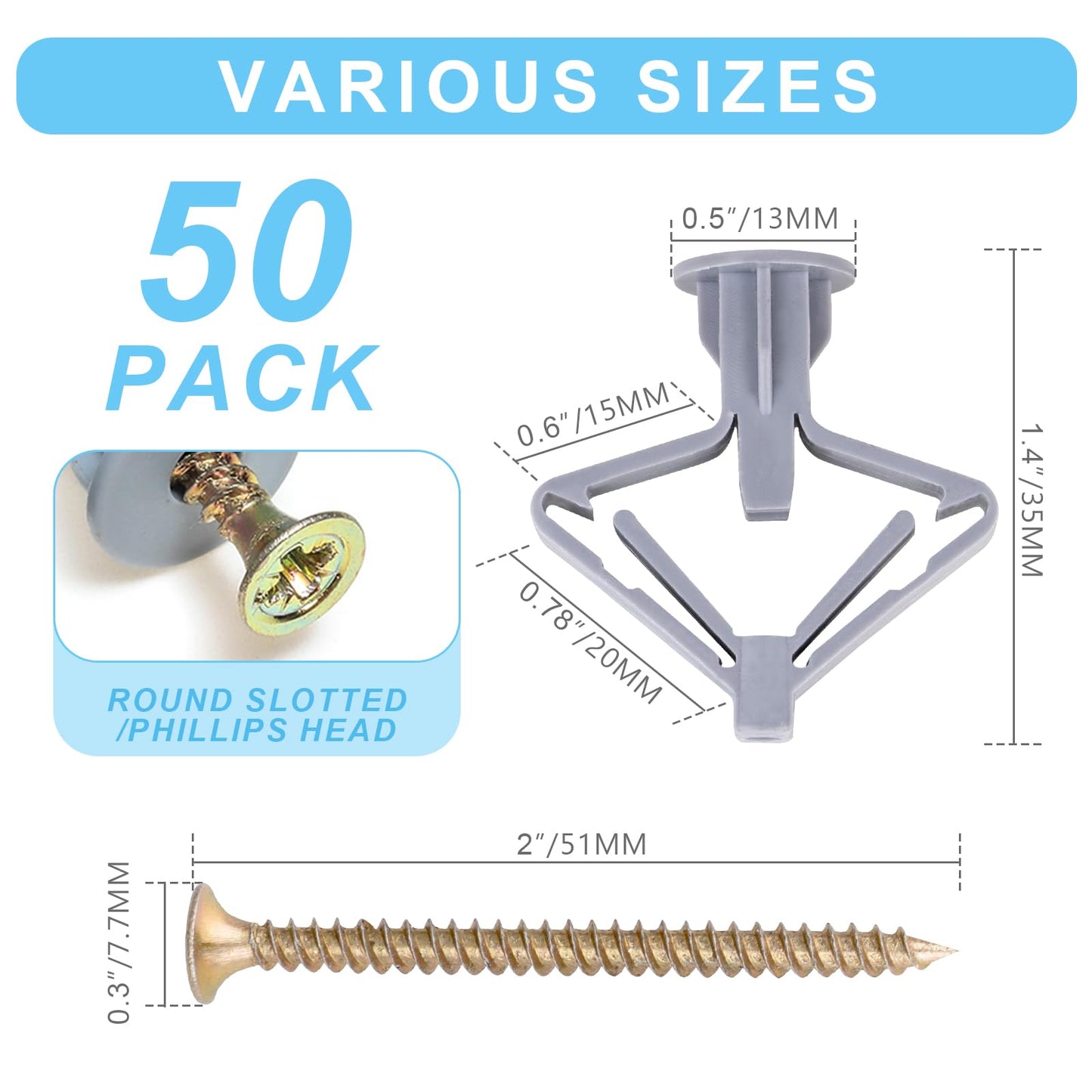 Hollow-Wall Anchors, One Size, 65Lbs Anchors 50pcs+Screw 50pcs Drywall Anchor kit with Screws, Self-Drilling Hollow Wall Anchors, Grey