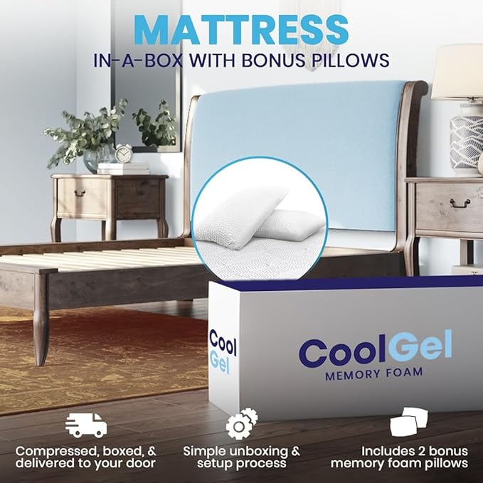 Cool Gel Chill 14 Inch Medium Firm Memory Foam Mattress Twin XL Size, with Bonus Cool Gel Memory Foam Bed Pillow, 14" with Pressure Relief, CertiPUR-US Certified, Cooling Twin XL Mattress in a Box