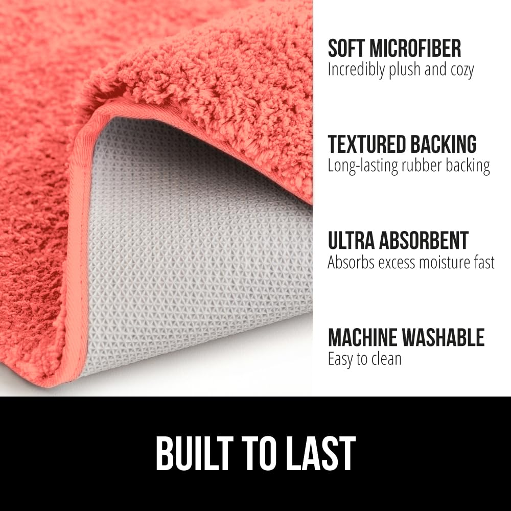 GORILLA GRIP Premium Luxury Bath Rug, Absorbent, Soft, Thick Shag, Plush Bathroom Mat Rugs, Machine Washable, Microfiber Quick Dry, Mats for Shower, Bathtub and Floor Accessories, 24x17, Coral