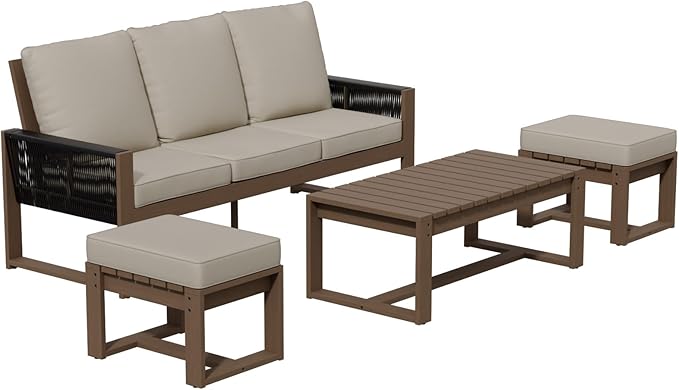INTER HUT Rustic Hideaway Natural Cedar Wood Outdoor Furniture Set, Wicker Patio Conversation Set for Porch Garden Backyard, Couch, Coffee Table and 2 Ottomans, 4 Piece, Brownish/Beige