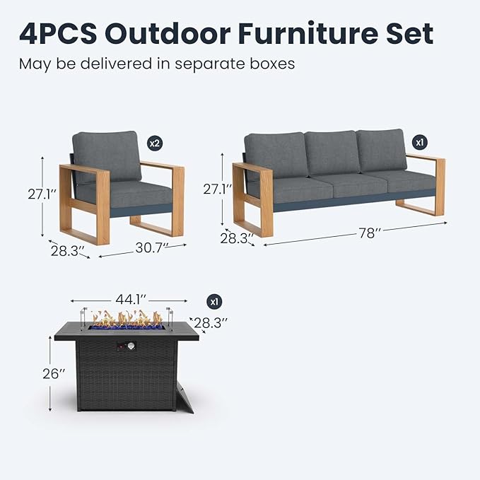 4 Pieces Aluminum Patio Furniture Set, Outdoor Conversation Sets with High Backrest Sofa and Fire Pit Table for Garden and Backyard
