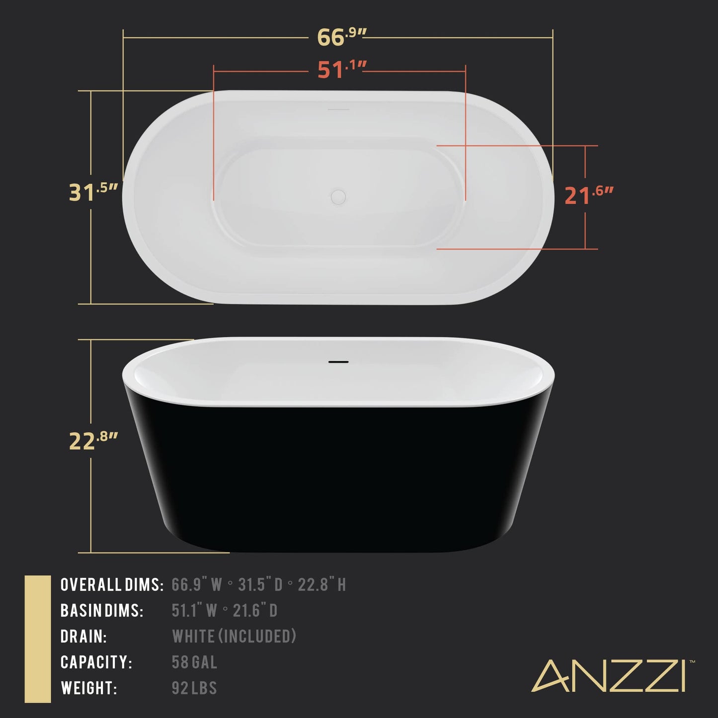 ANZZI Chand Series 67 in. x 32 in. Flat Bottom Acrylic Freestanding Soaking Bathtub with Overflow and Center Drain in Glossy Black