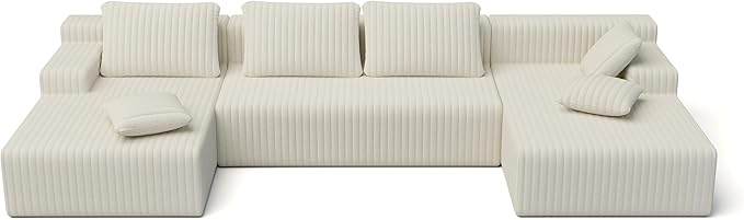 LAUSAINT HOME 132" Modular Sectional Sofa Couches, U-Shaped Boneless Cloud Sofa with 4 Deep Seat, 6 Cushiones Oversized Chaise for Living Room, Bedroom, Plush Corduroy Fabric (U Shaped Sofa, Beige)