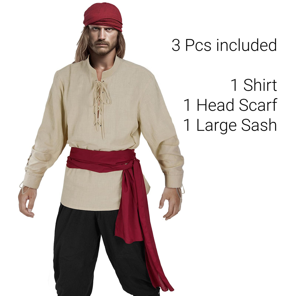 HSDOU Mens Pirate 3 Pcs Costume Set Renaissance Pirate Shirt Medieval Costume Viking (Z3760YE, 2XL)