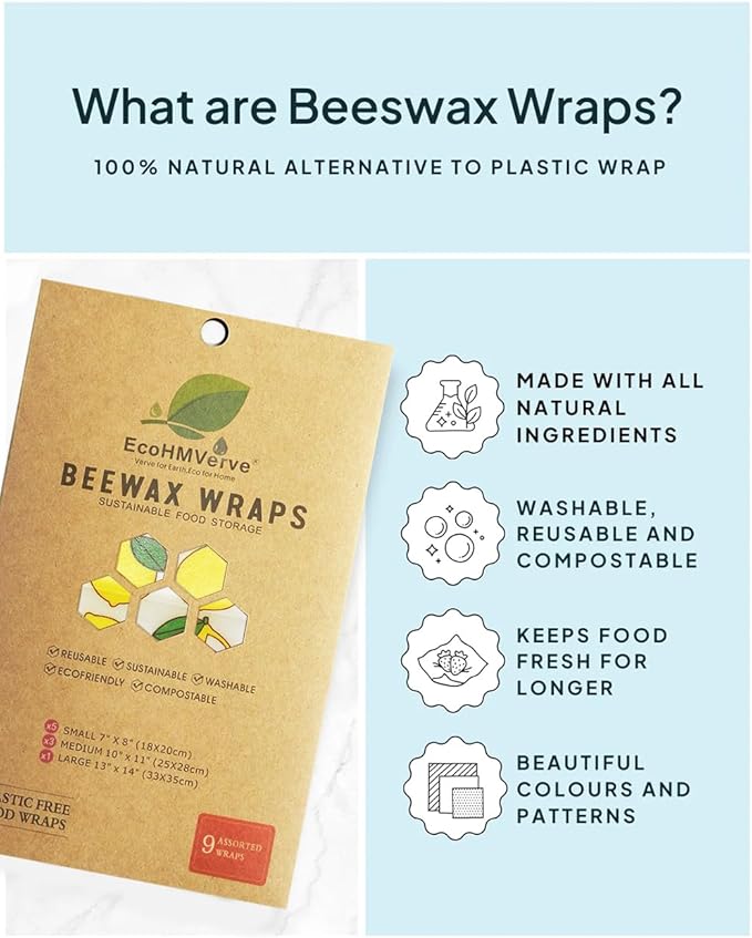 Natural Beeswax Food Wraps 9 Pack– Reusable with Multi-function brush, Stylish & Plastic-Free for Fresh Zero-Waste Kitchens wraps for bread,sandwich