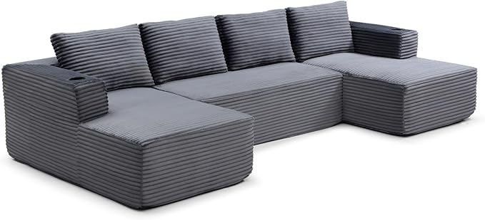 132" Modular Sectional Sleeper Sofa, Boneless Cloud Couch for Living Room, U Shaped 5 Seat Sofa with 2 Cup Holders, Free Combination, No Assembly Required (Grey)