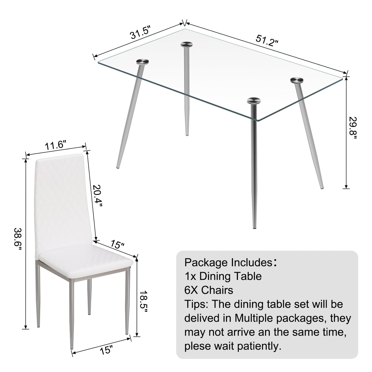 QJZLXKYT Glass Dining Table Set, Glass Dining Room Table with Chairs for 6 People, 7 Piece Kitchen Table and Chairs Set, Modern Style, Perfect for Small Space, Easy Assembly (Include 6 White Chairs)
