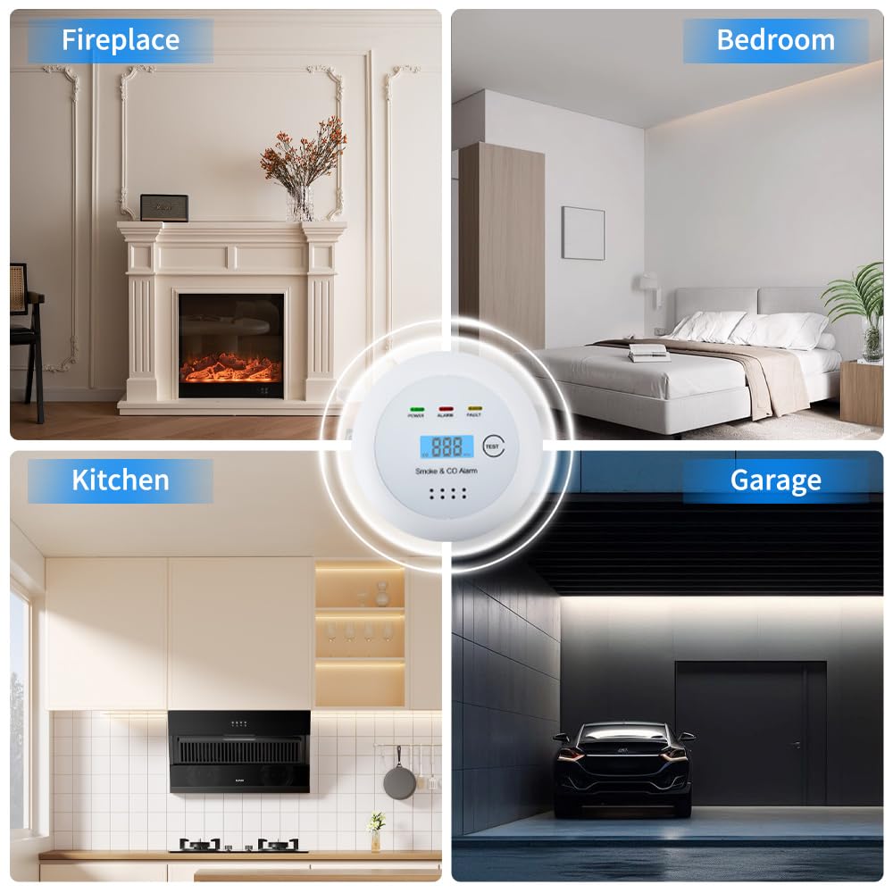 2 in1 Smoke Detector Carbon Monoxide Detector Combo,with LCD Digital Display and Sound Warning Test Button,Battery Powered,Easy Installation, for Home, Bedroom, Kitchen (3PACKS)