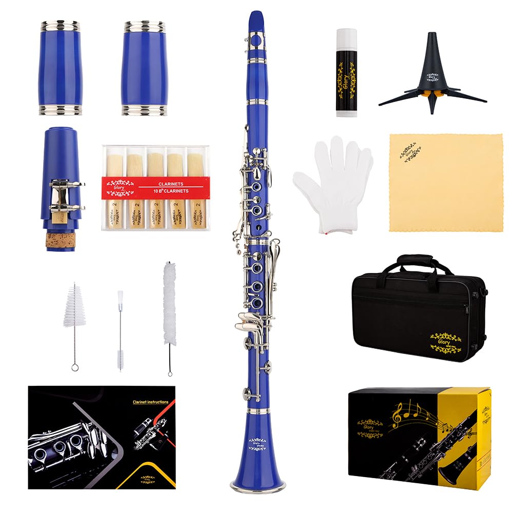 Glory GLY-CLADBL Professional Ebonite Bb Clarinet with 10 Reeds, Stand, Hard Case, Cleaning Cloth, Mouthpiece Brush and Pad Brus