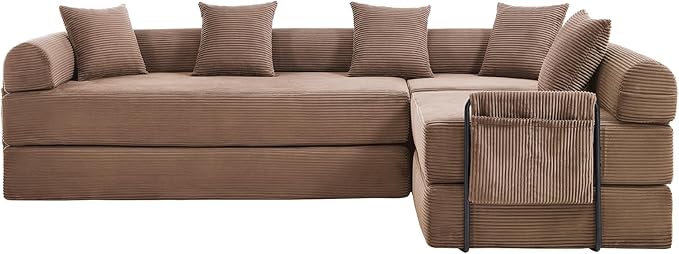 106" Oversized Convertible Sleeper Sofa Bed, Corduroy L Shape Sectional Couch, Folding Sofa Bed with Side Pocket, Modern Cloud Floor Mattress Couch, Modular Sofa for Living Room, Brown
