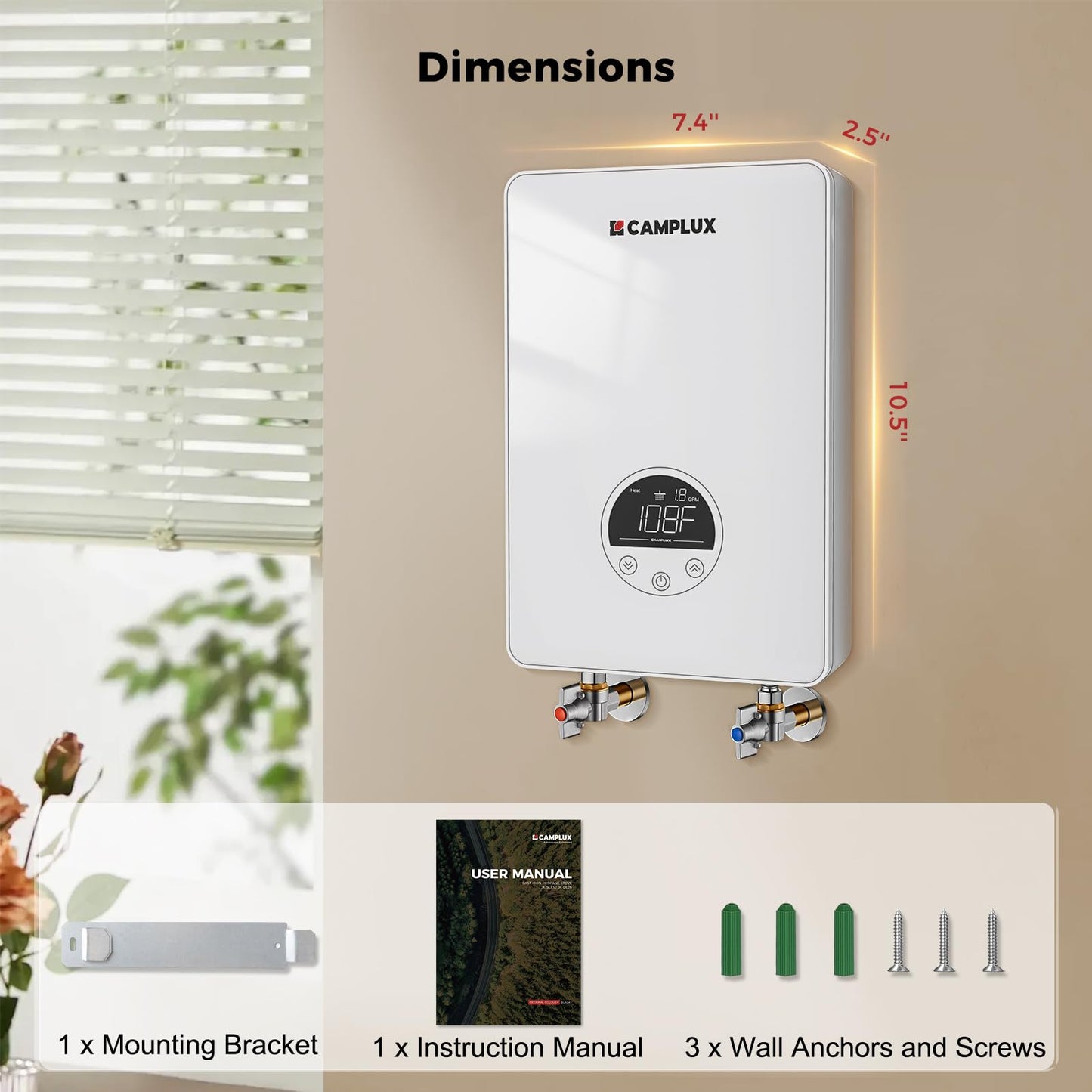CAMPLUX Tankless Water Heater Electric 4.5kW 110~120V Small Instant Hot Water Heater, Point-of-Use, Save Space for Sink Wall Mounted LED Digital Display CSA Certified TE05