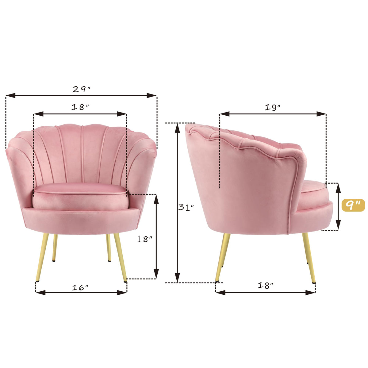 DAGONHIL Mid Century Modern Upholstered Accent Chair,Petal Vanity Chair,Retro Leisure Velvet Single Sofa with Golden Metal Legs for Living Room/Bedroom(Light Pink)