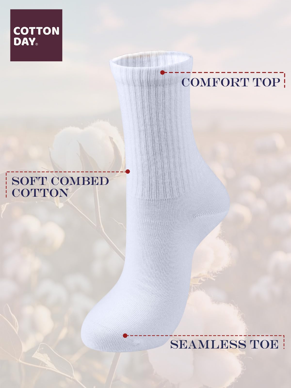COTTON DAY Womens Soft Combed Cotton Crew Socks All White Half Ribbed Shoe Size 6-9